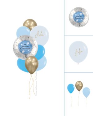 ramillete de globos rellenos de helio mi comunion azul