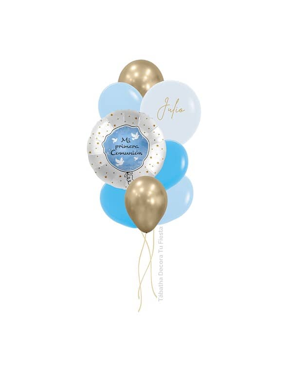 ramillete de globos rellenos de helio mi comunion azul