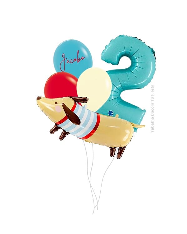 Ramillete de globos, personalizado con nombre y relleno de helio con un número y perro salchicha - Imagen 2